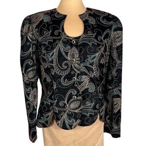 Vintage Sz 14 Velvet Paisley Jacket Black Button Front Scalloped Hem BEAUTIFUL